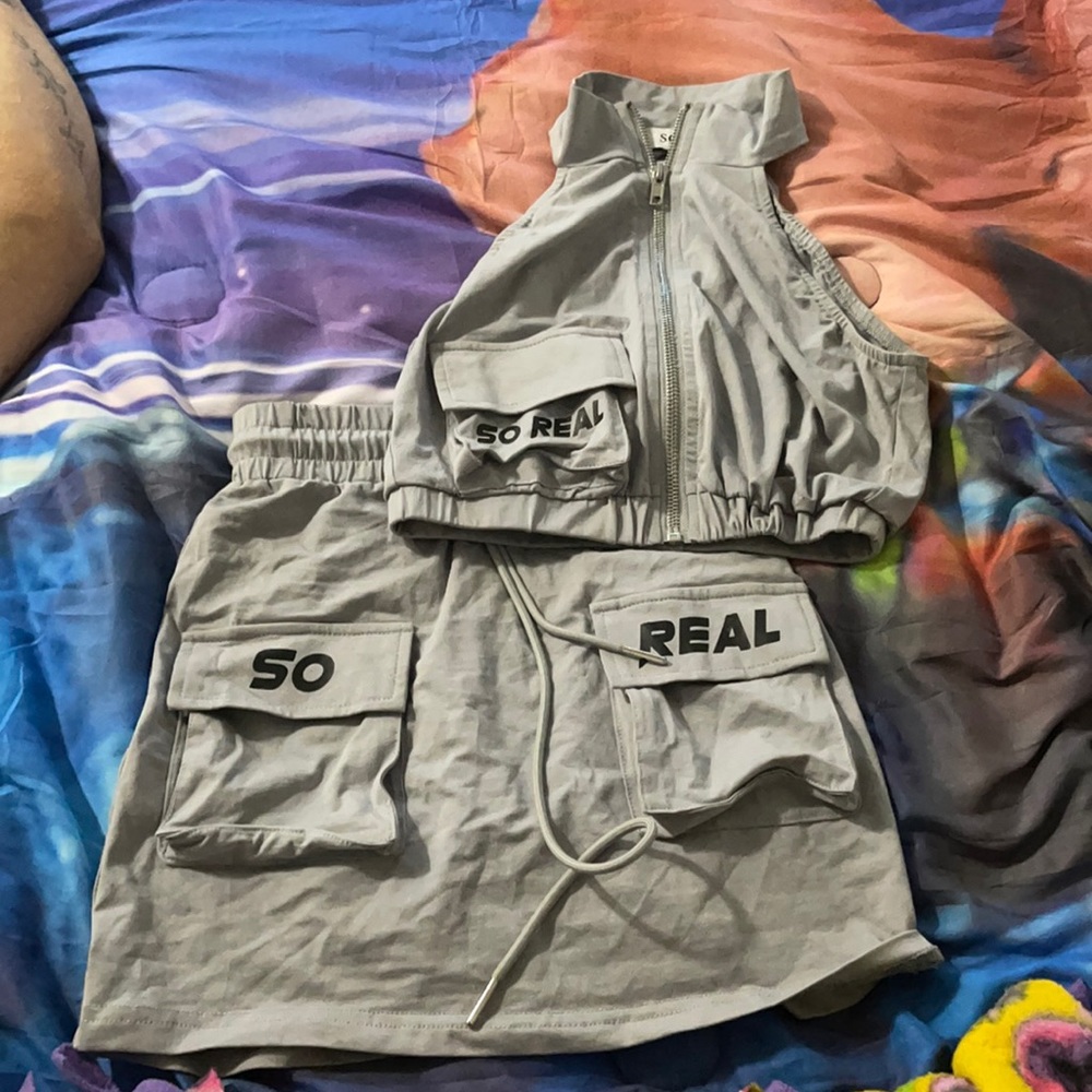 Grey Shane Justin mini skirt set.